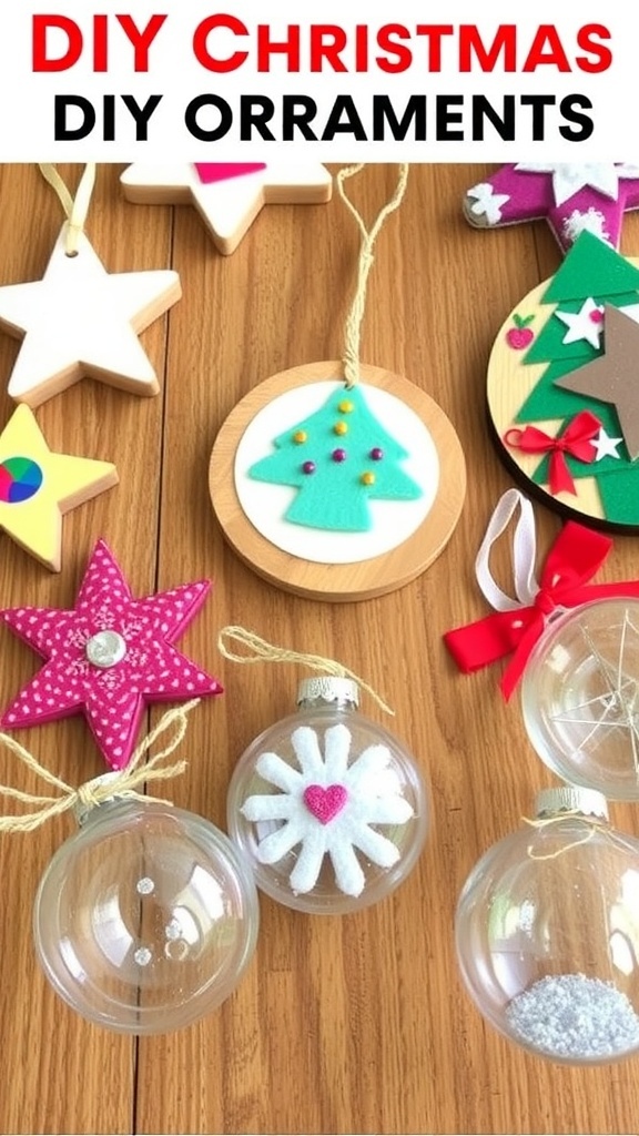 DIY Unique Christmas Ornaments A variety of unique DIY Christmas ornaments made from felt, wood, and glass, displayed on a rustic wooden table.